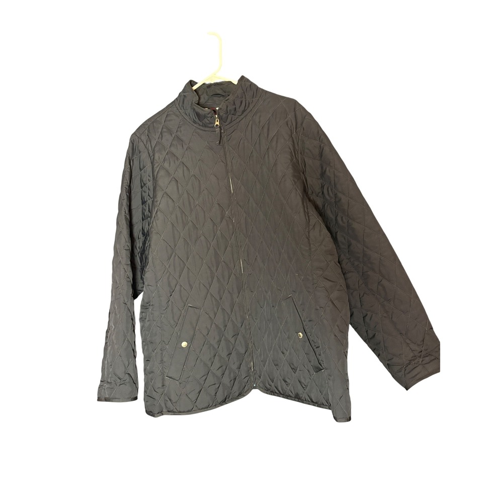 Lands End Womens Black Diamond Quilted Barn Jacket Argyle Lining Zip Up